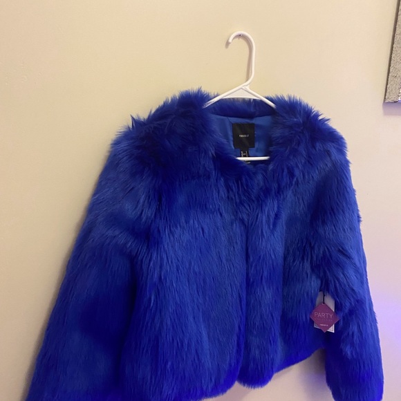 Party COLLECTION Faux Furry Electric Blue Waist Length Coat - Picture 2 of 5